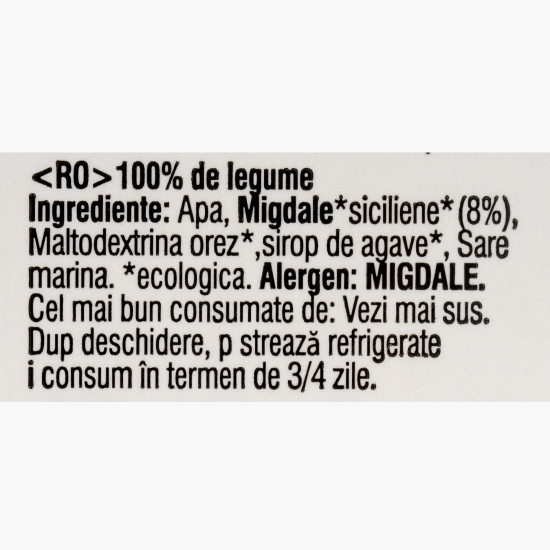 Băutură vegetală eco din 8% migdale siciliene și sirop de agave (fără zahăr) 1l