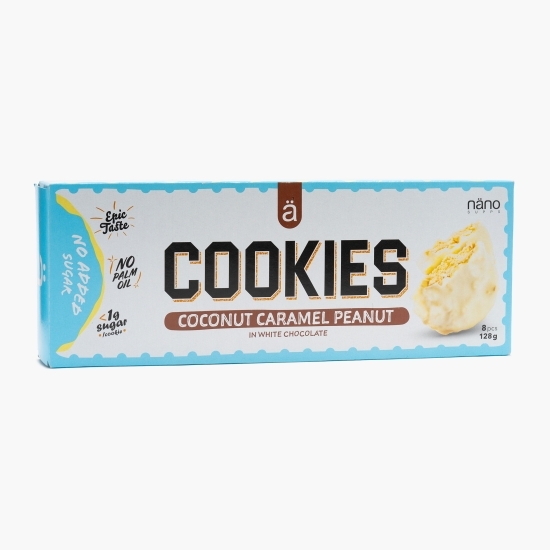 Biscuiți cookies cu cocos, caramel și arahide, cu ciocolată albă, fără zahăr 128g