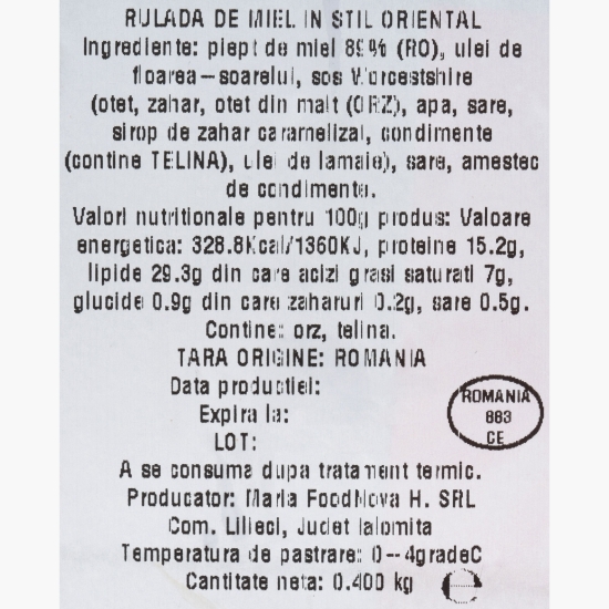 Ruladă din piept de miel în stil oriental,  feliată 400g