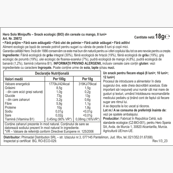 Snack eco din cereale cu mango 18g, +8 luni