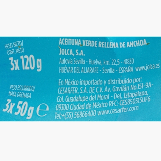 Măsline verzi Manzanilla umplute cu anșoa, cu conținut redus de sare 3x120g