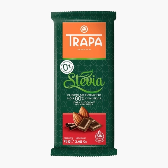 Ciocolată neagră 80% cacao, fără zahăr, cu stevia, 75g