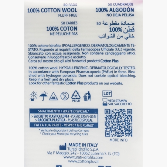 Dischete demachiante pătrate Cotton Plus, bumbac, 50 buc.