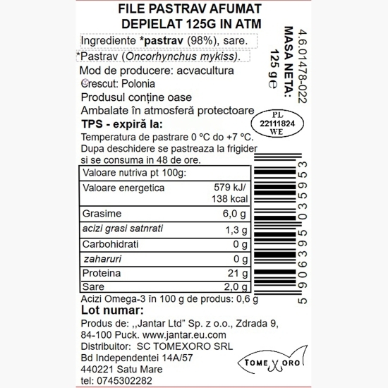 File de păstrăv afumat, fără piele 125g