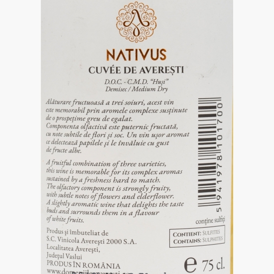 Vin alb demisec Nativus Cuvee de Averești, D.O.C. Huși, 12.5%, 0.75l