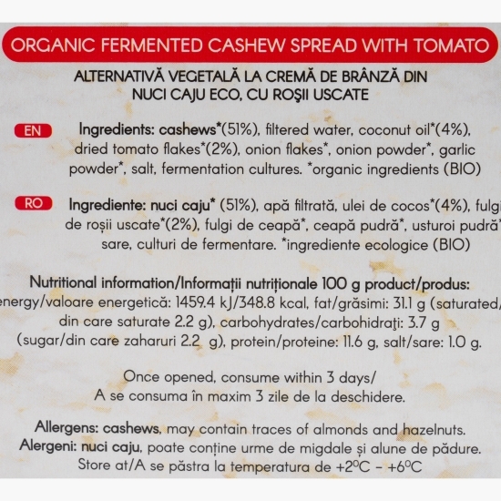 Specialitate vegetală eco Creamy Cashew Tomato din caju cu roșii uscate 140g