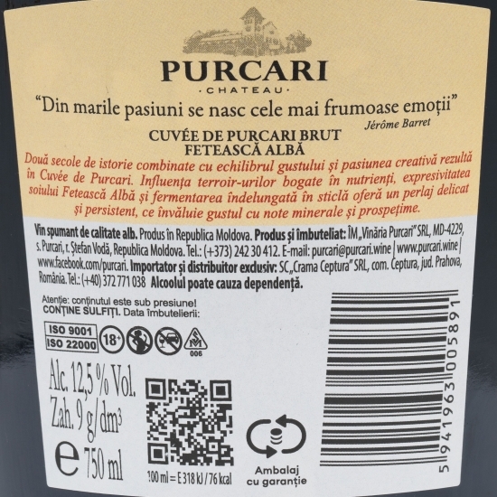 Vin spumant alb brut Fetească Albă, 12.5%, 0.75l