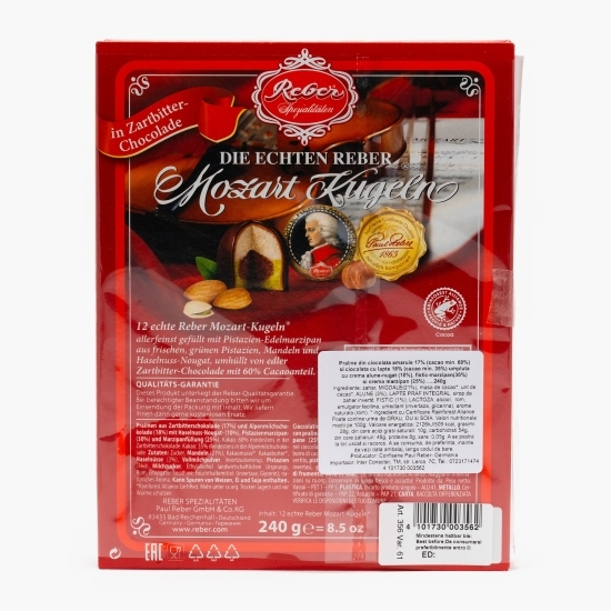 Praline Mozart ciocolată cu nugat, fistic și marțipan 12 buc, 240g