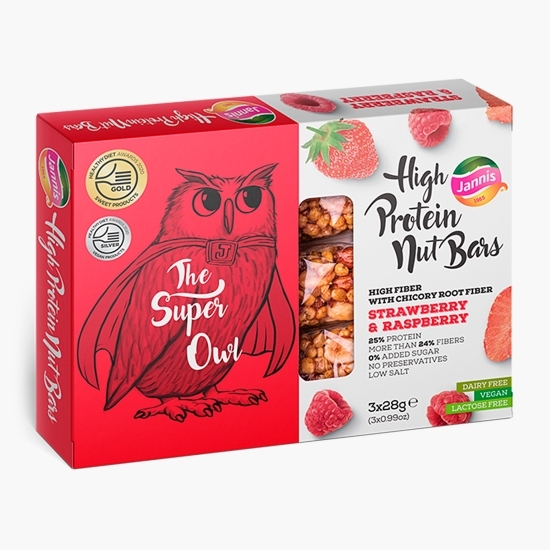 Batoane proteice vegane cu căpșuni și zmeură, fără zahăr și fără lactoză, The Super Owl, 3x28g