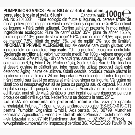 Piure eco de cartofi dulci, afine, pere, sfeclă roșie și ovăz 100g, +6 luni