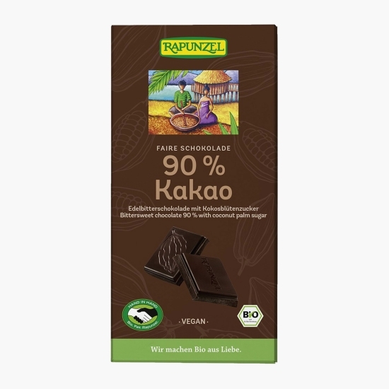 Ciocolată amăruie eco vegană cu 90% cacao și zahăr de cocos, 80g