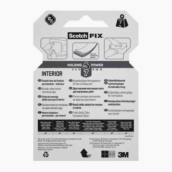 Bandă dublu adezivă pentru montare suprafețe interioare, 19mmx1.5m, Scotch-Fix 3M