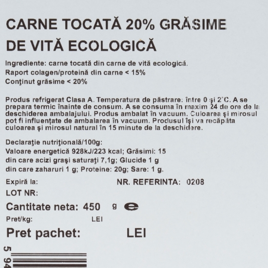 Carne tocată 20% grăsime de vită, eco, 450g