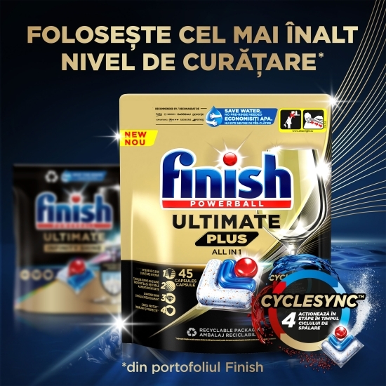 Detergent capsule pentru mașina de spălat vase Finish Ultimate Plus, 45 spălări