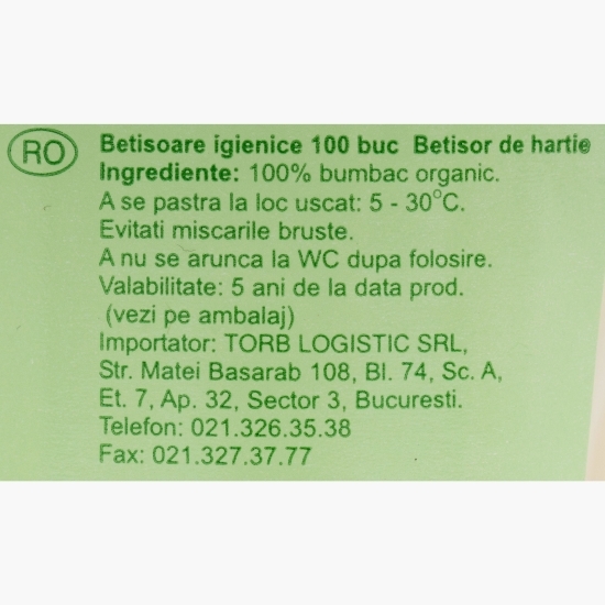 Bețișoare igienice din bumbac organic 100buc