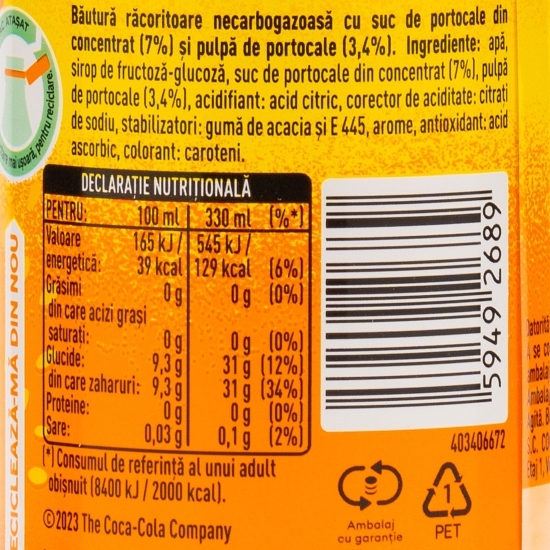 Băutură necarbogazoasă Pulpy portocale 0.33l