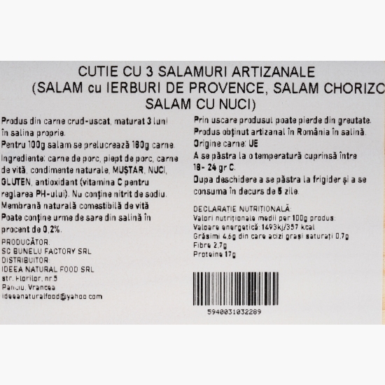 Cutie cadou cu 3 salamuri (Chorizo, Ierburi de Provence, Nuci)