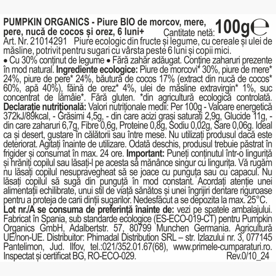 Piure eco de morcov, mere, pere, nucă de cocos și orez 100g, +6 luni