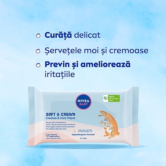 Șervețele umede pentru bebeluși Baby Soft & Cream Cleanse & Care 57 buc