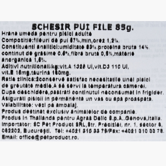 Hrană umedă pentru pisici,  85g, cu pui file