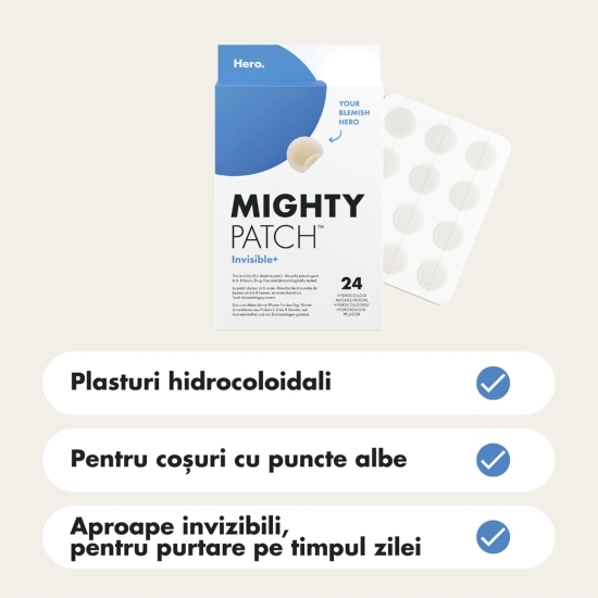 Plasturi hidrocoloidali anti acnee Mighty Patch Invisible+, 24 buc