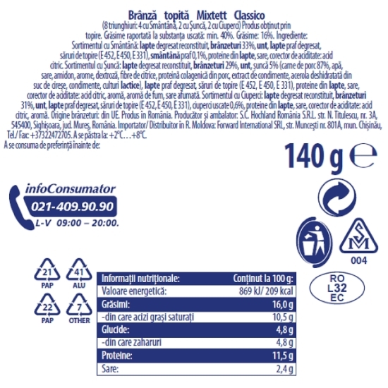 Brânză topită triunghiuri Mixtett Classico 140g