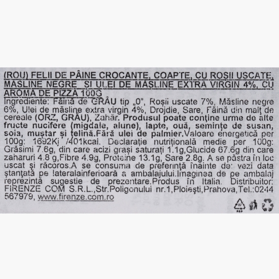 Felii de pâine coapte cu aromă de pizza, cu roșii uscate și măsline negre, Siciliana 100g