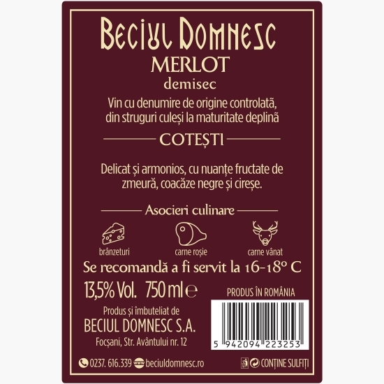 Vin roșu demisec Merlot, 13.5%, 0.75l