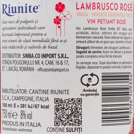 Vin petiant Lambrusco Emilia rose dulce, 8%, 0.75l