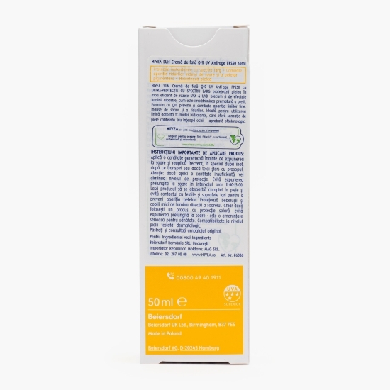 Cremă de față pentru protecție solară cu SPF50 Q10, cu efect anti-rid și anti-pigmentare 50ml