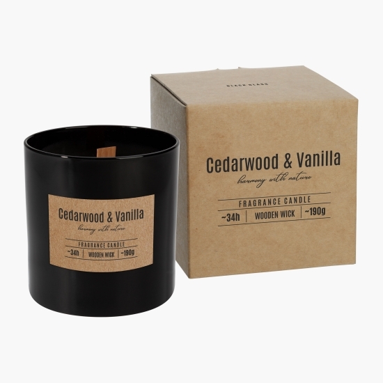 Lumânare parfumată în pahar rotund, mediu, Negru cu fitil de lemn - Cedarwood & Wanilia