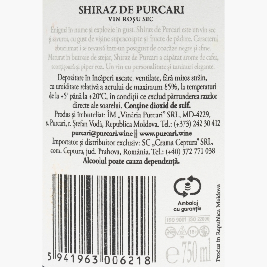 Vin roșu sec Shiraz, 13%, 0.75l