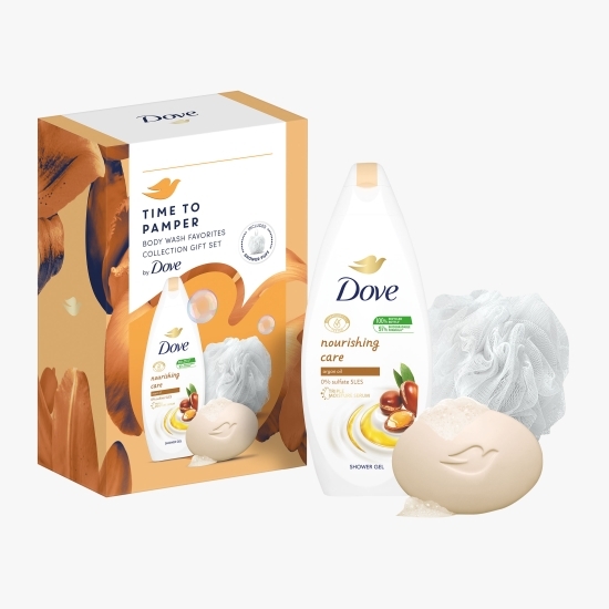 Set cadou: gel de duș Nourishing Care 250ml+ săpun solid Shea Butter 90g + burete de baie