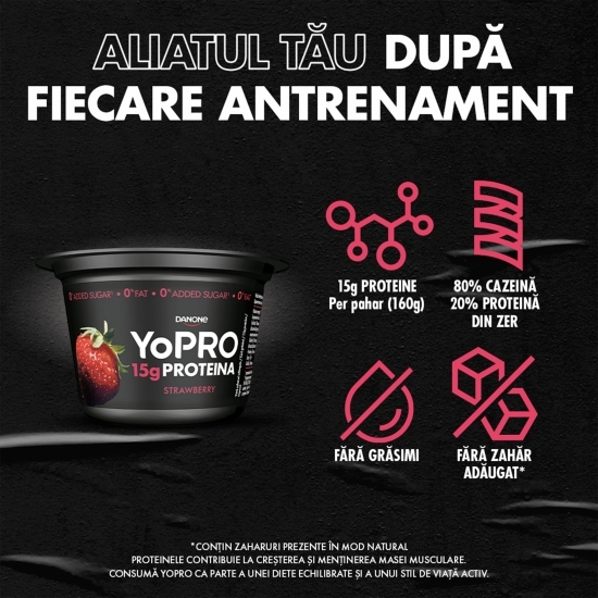 Produs lactat fermentat cu căpșuni, bogat în proteine, fără zahăr adăugat și fără grăsimi 160g