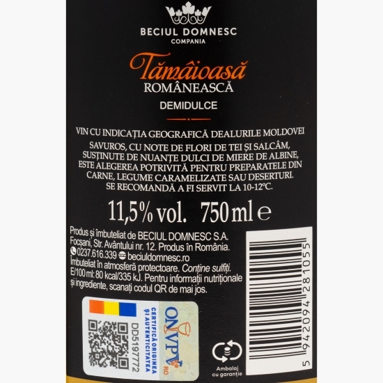 Vin alb demidulce Tămâioasă Romanescă, 11.5%, 0.75l