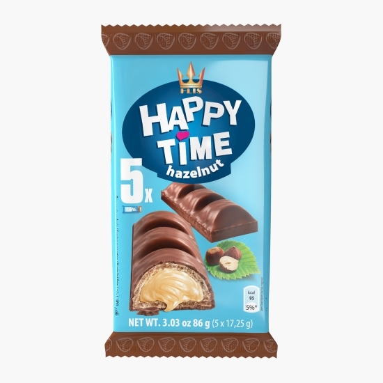 Batoane de napolitană cu umplutură de alune de pădure și lapte, învelite în ciocolată Happy Time 86g