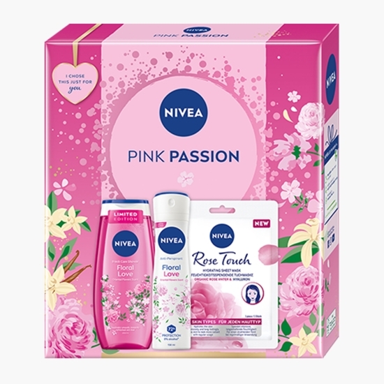 Set cadou Pink passion: Deodorant Spray Floral Love 150ml + Gel de duș Floral Love 250ml + Mască șervețel Rose Touch 1 buc.