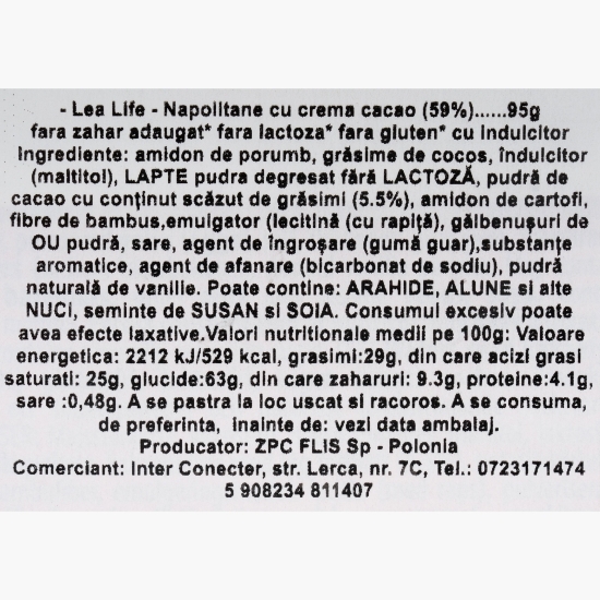 Napolitane cu cremă de cacao, fără zahăr, fără gluten și fără lactoză Happy Lea Life 95g