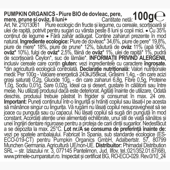 Piure eco de dovleac, pere, mere, prune și ovăz 100g, +8 luni