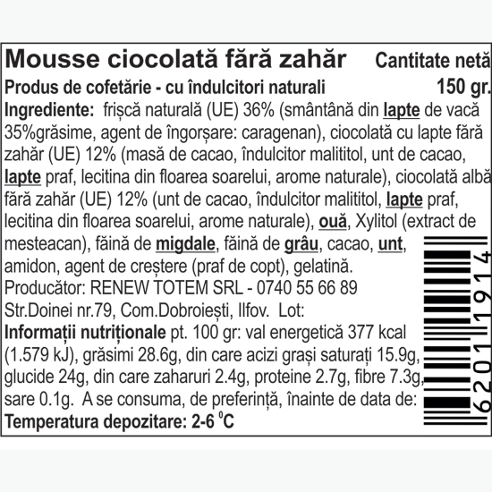 Mousse de ciocolată, fără zahăr 150g