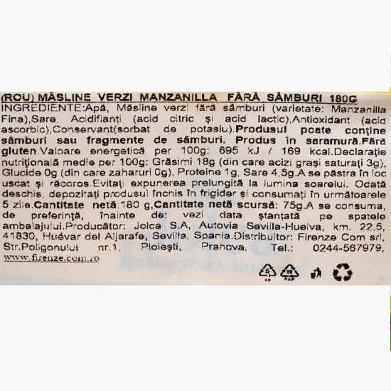 Măsline verzi Manzanilla fără sâmburi 180g