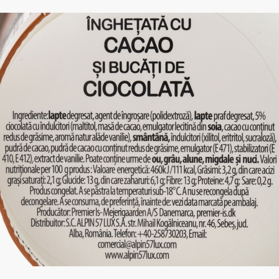 Înghețată cu cacao și bucăți de ciocolată, fără zahăr adăugat 500ml