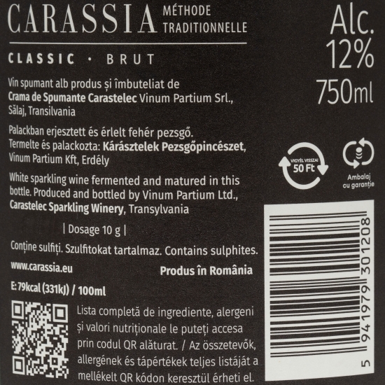 Vin spumant alb brut Carassia Classic, 12%, 0.75l