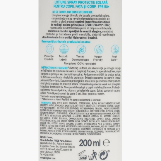 Spray cu protecție solară Kids Sensitive, SPF 50, pentru copii, 200ml