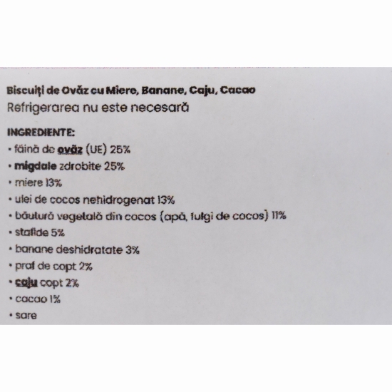 Biscuiți de ovăz cu miere, banane, caju și cacao 120g