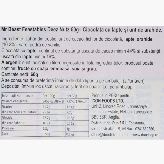 Ciocolată cu lapte și unt de arahide Deez Nuts 60g