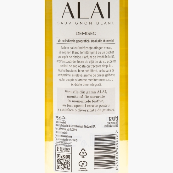 Vin alb demisec ALAI, Sauvignon Blanc, 12%, 0.75l