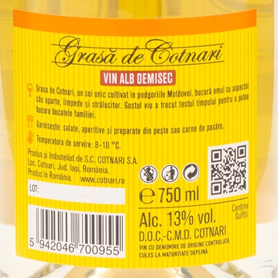 Vin alb demisec Grasă de Cotnari, 13%, 0.75l