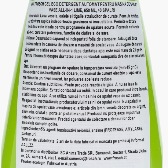 Detergent gel eco pentru mașina de spălat vase All-in-1 Lime, 40 spălări, 0.65l