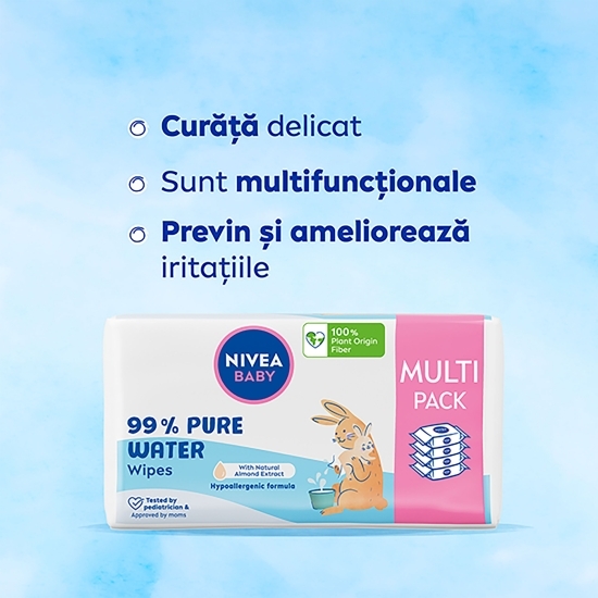 Șervețele umede pentru bebeluși Baby 99% Pure Water Multipack, 4 pachete x 57 buc, 0% plastic